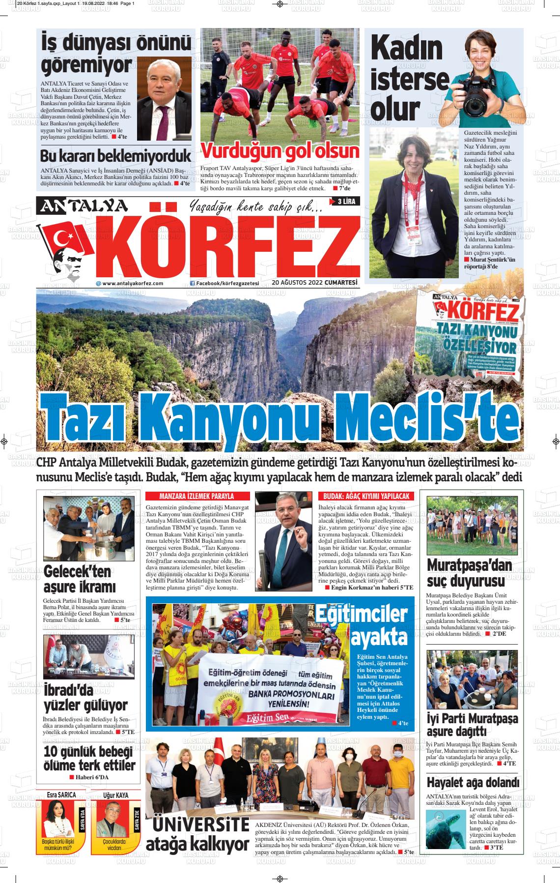 20 Ağustos 2022 Antalya Körfez Gazete Manşeti