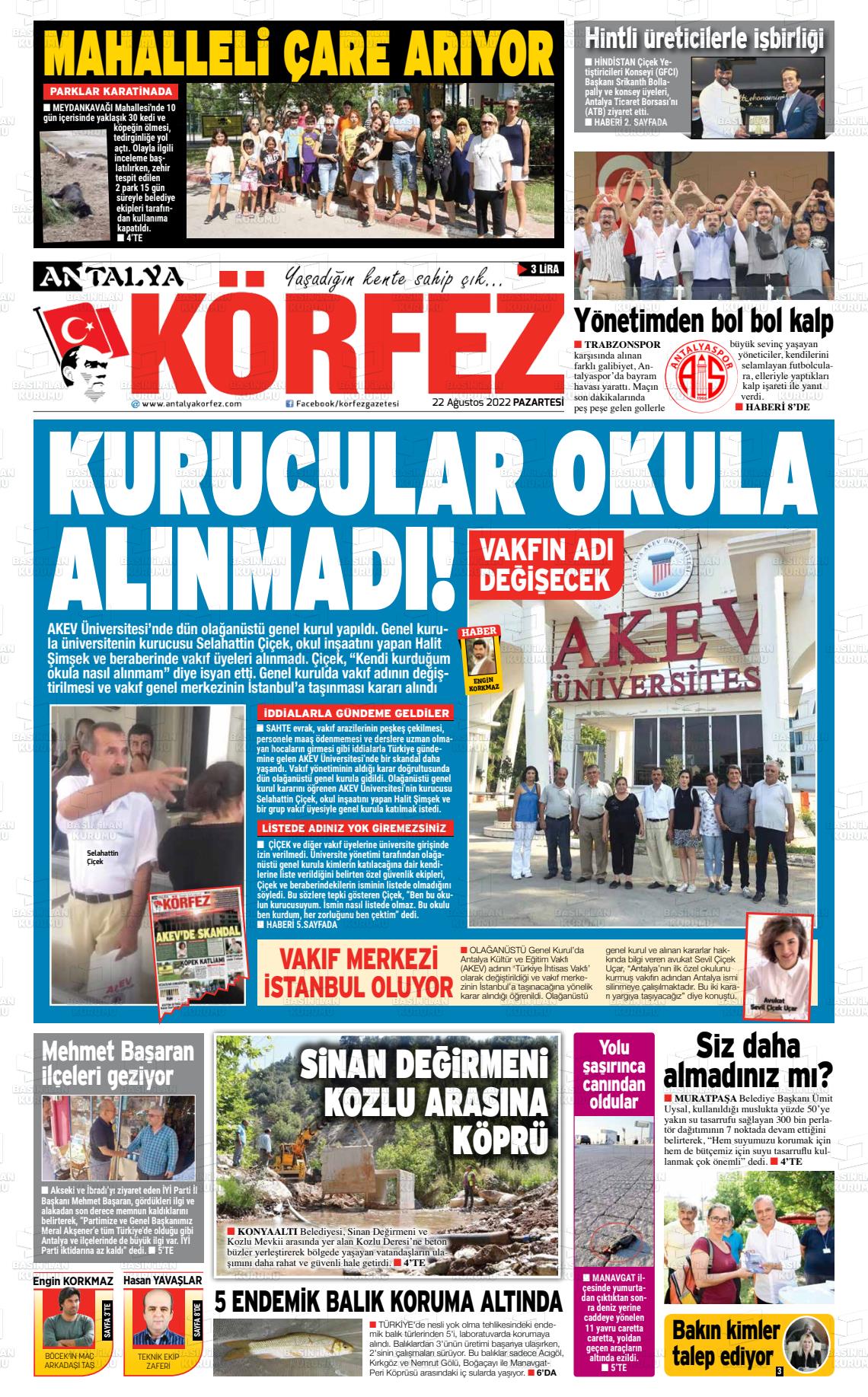 22 Ağustos 2022 Antalya Körfez Gazete Manşeti