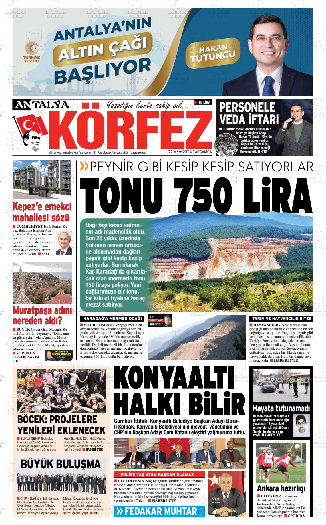 27 Mart 2024 Antalya Körfez Gazete Manşeti