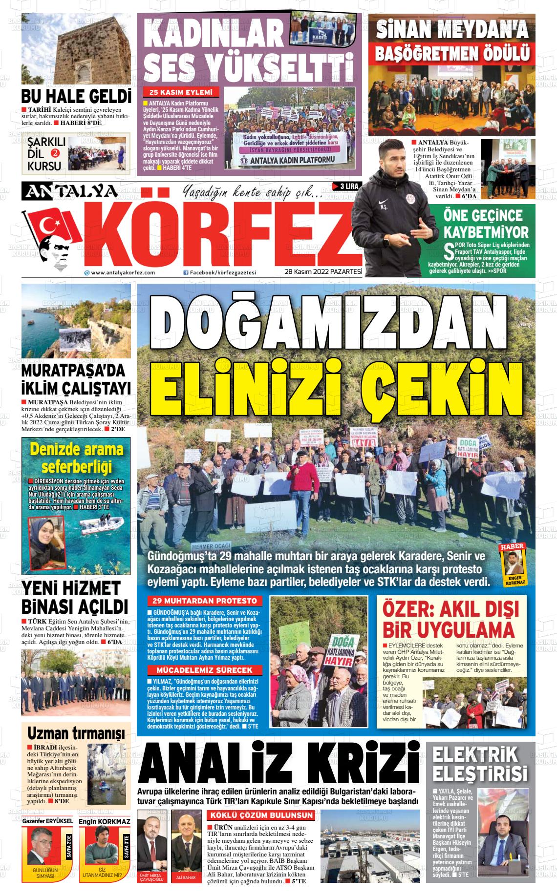 28 Kasım 2022 Antalya Körfez Gazete Manşeti