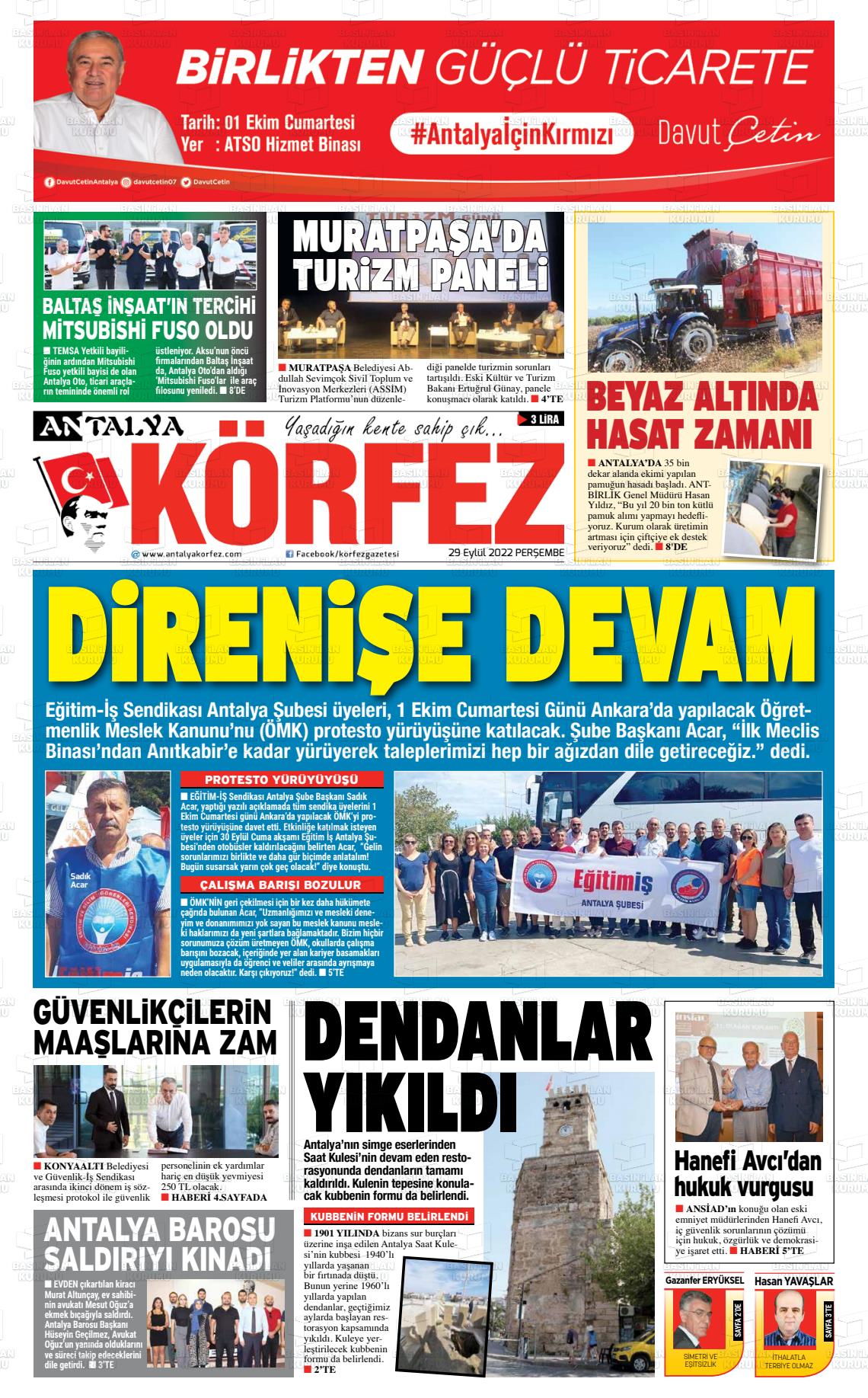 29 Eylül 2022 Antalya Körfez Gazete Manşeti