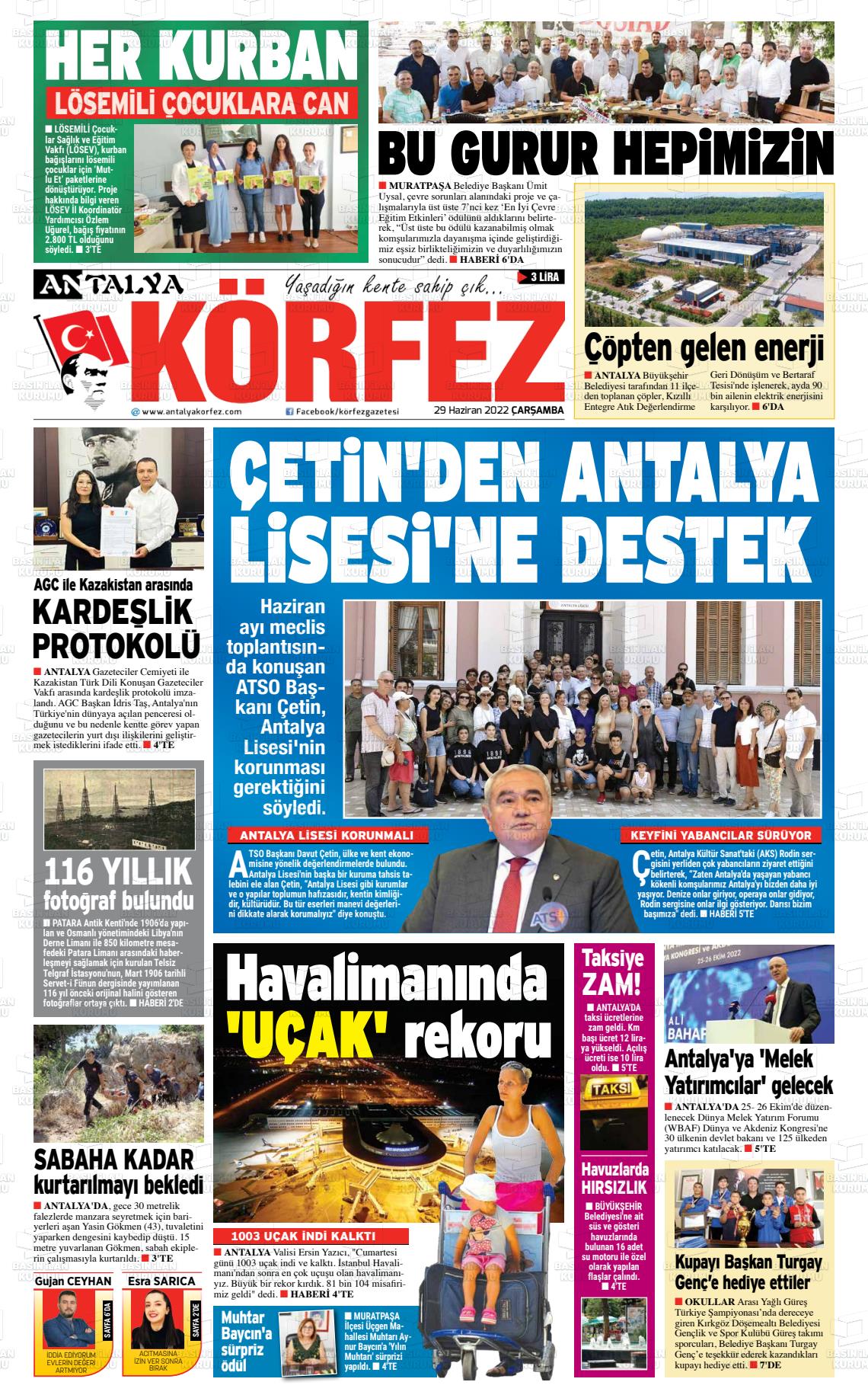 29 Haziran 2022 Antalya Körfez Gazete Manşeti