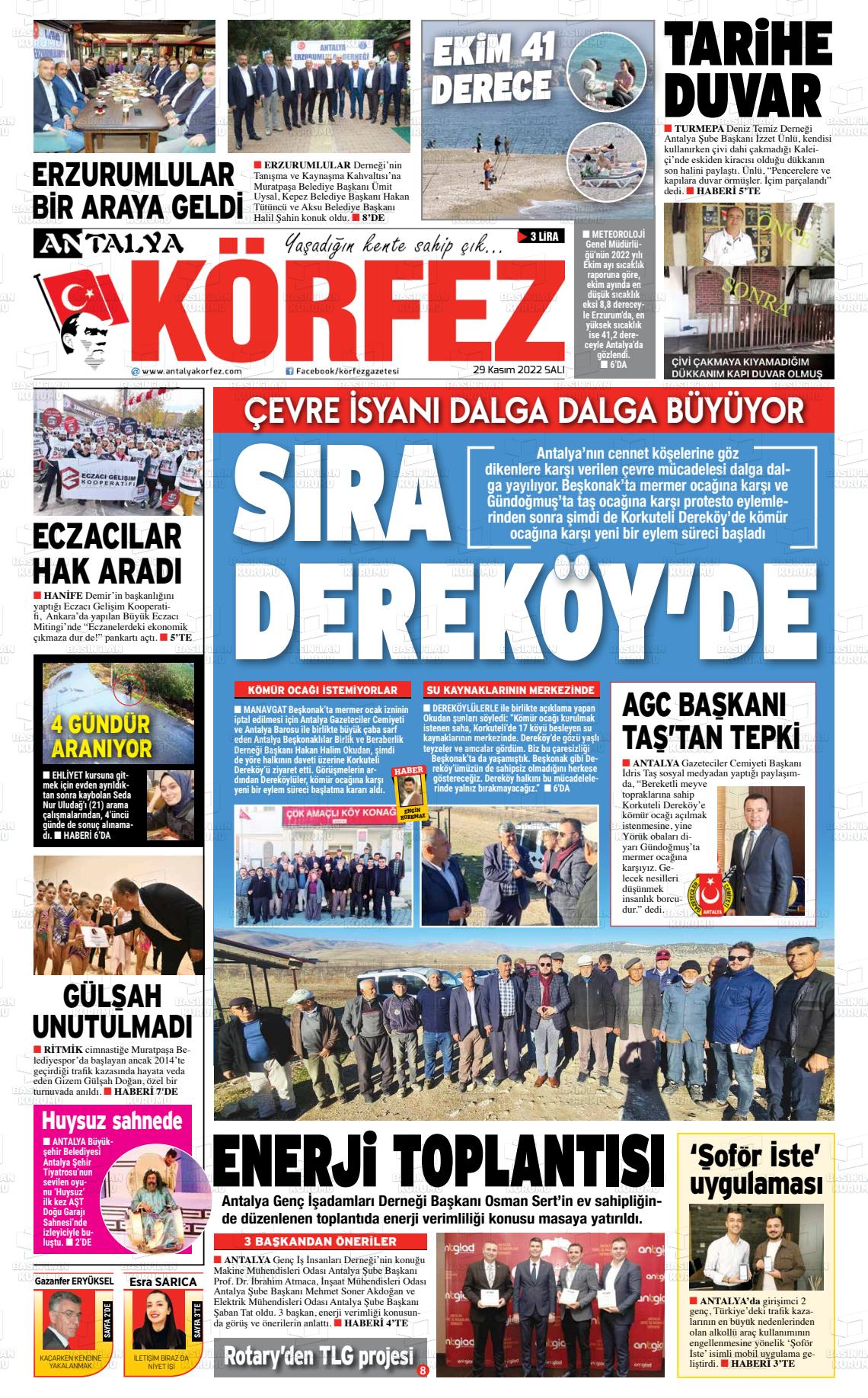 29 Kasım 2022 Antalya Körfez Gazete Manşeti