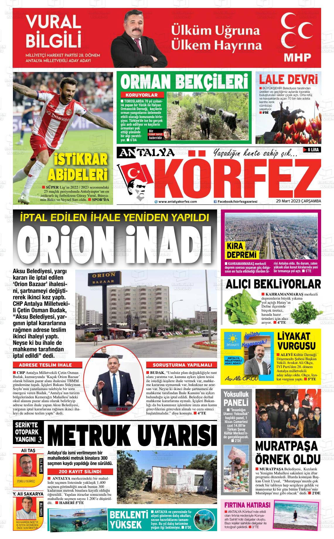 29 Mart 2023 Antalya Körfez Gazete Manşeti