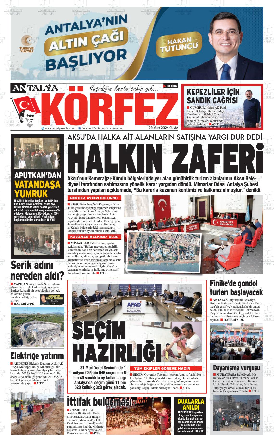 29 Mart 2024 Antalya Körfez Gazete Manşeti