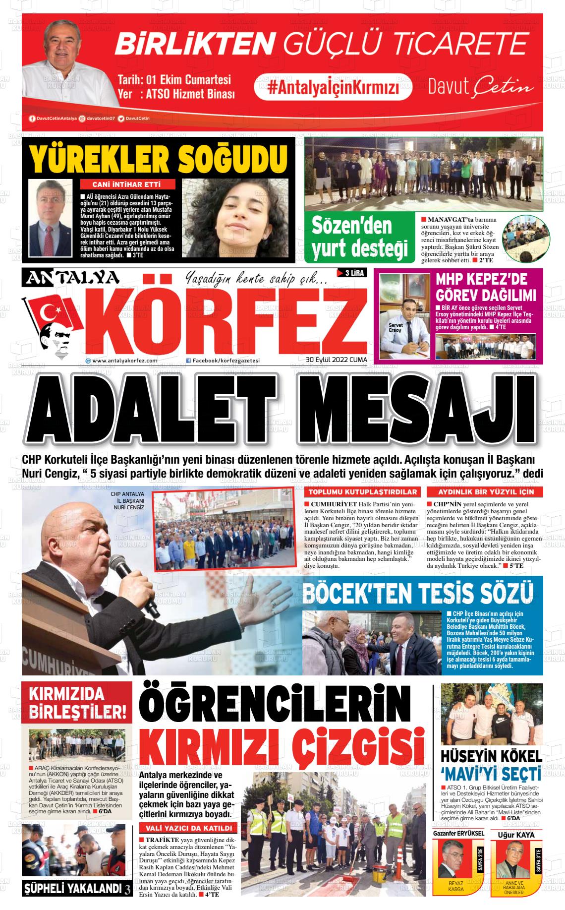 30 Eylül 2022 Antalya Körfez Gazete Manşeti