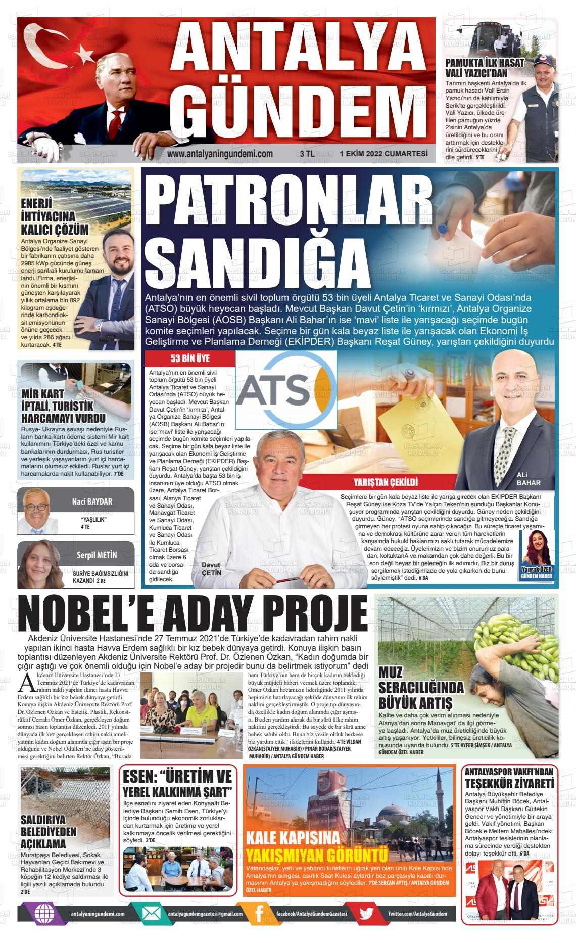 01 Ekim 2022 Antalya'nın Gündemi Gazete Manşeti
