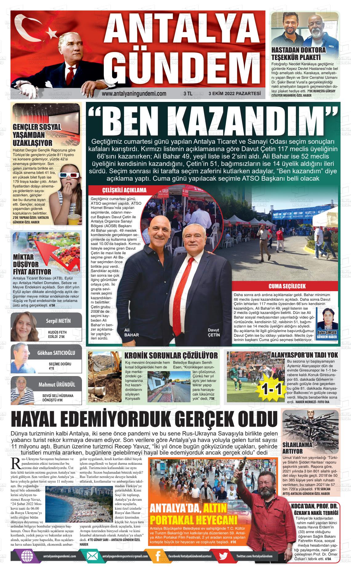 03 Ekim 2022 Antalya'nın Gündemi Gazete Manşeti