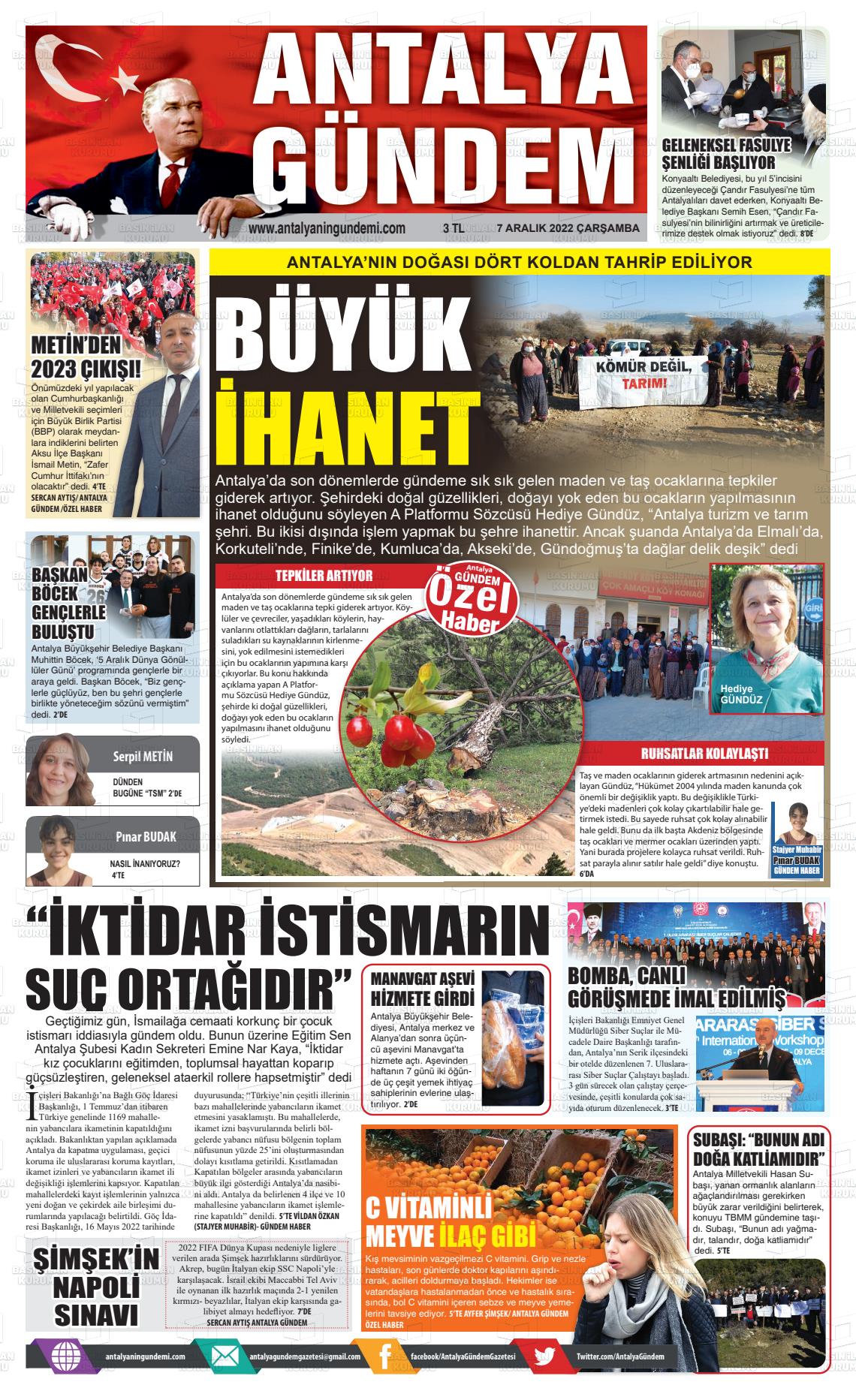 07 Aralık 2022 Antalya'nın Gündemi Gazete Manşeti