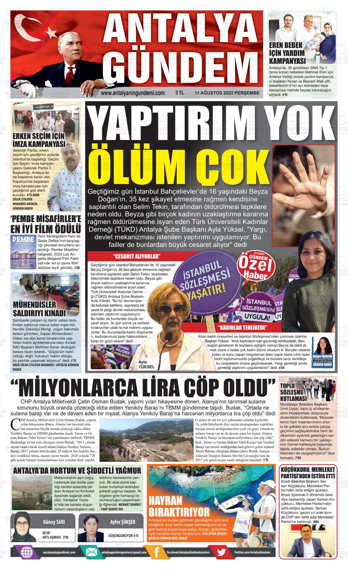 11 Ağustos 2022 Antalya'nın Gündemi Gazete Manşeti