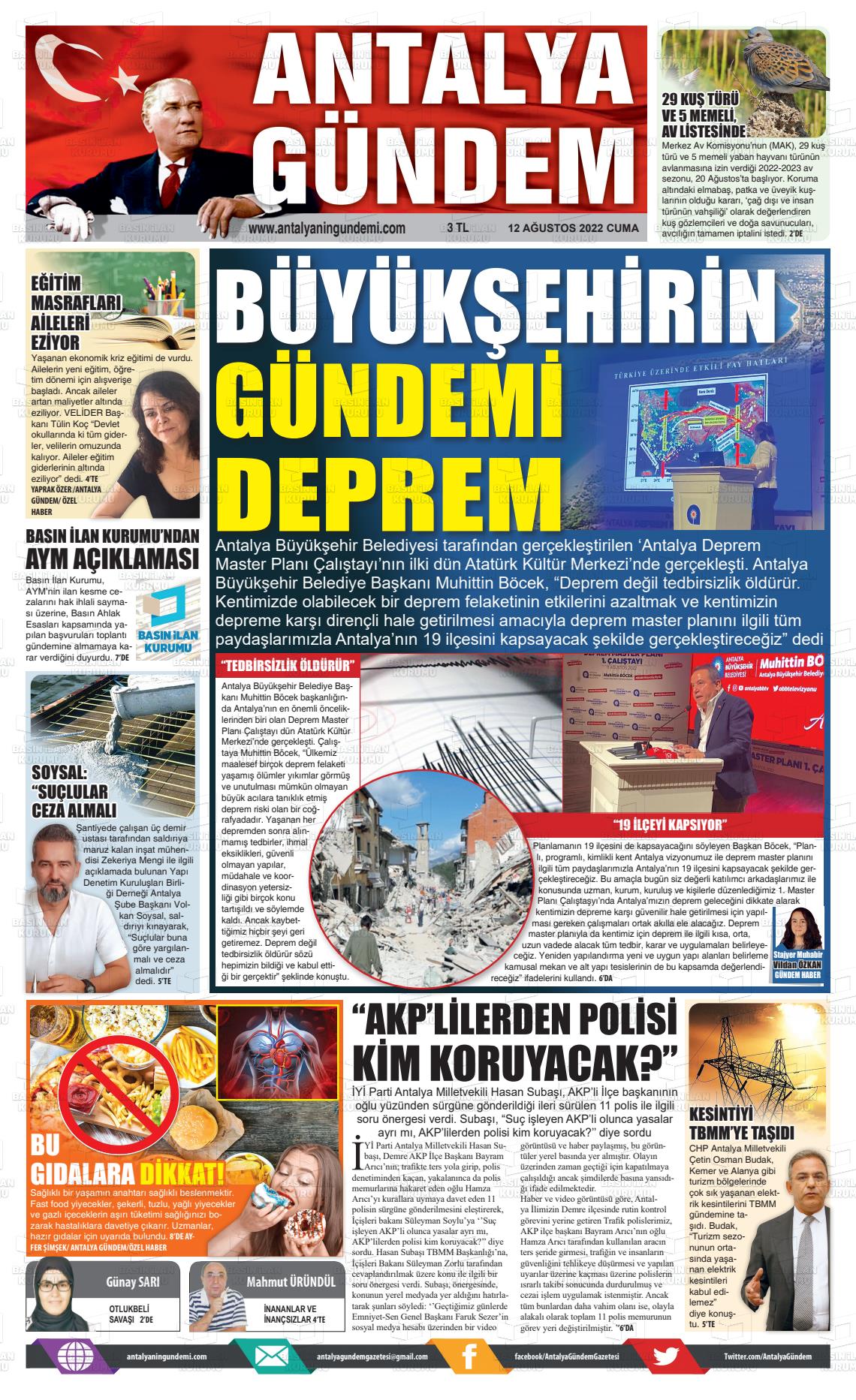 12 Ağustos 2022 Antalya'nın Gündemi Gazete Manşeti