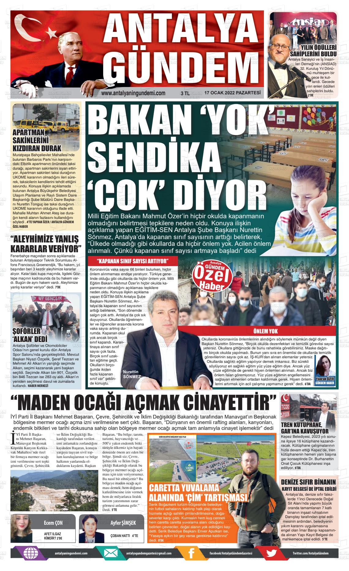 17 Ocak 2022 Antalya'nın Gündemi Gazete Manşeti