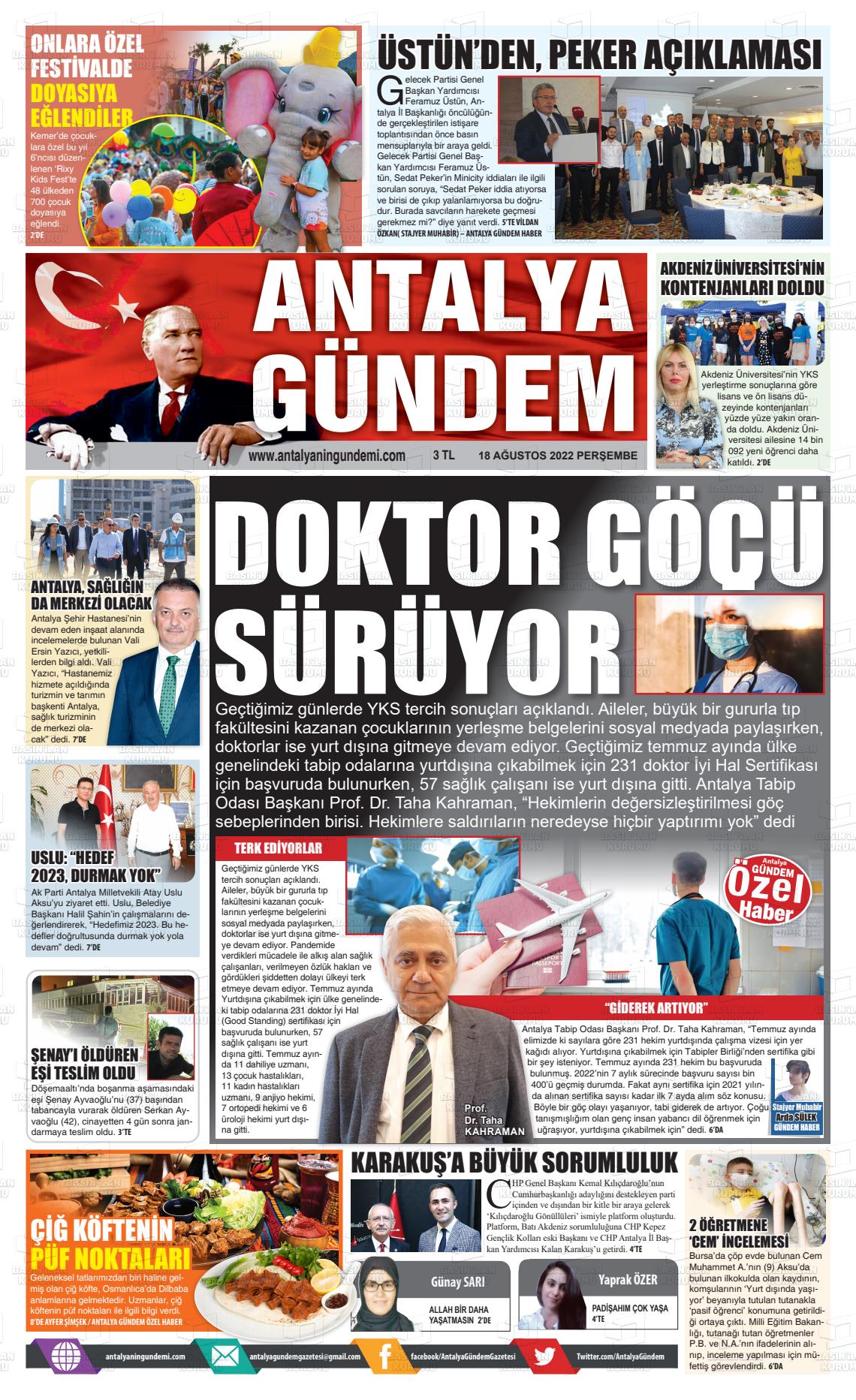 18 Ağustos 2022 Antalya'nın Gündemi Gazete Manşeti