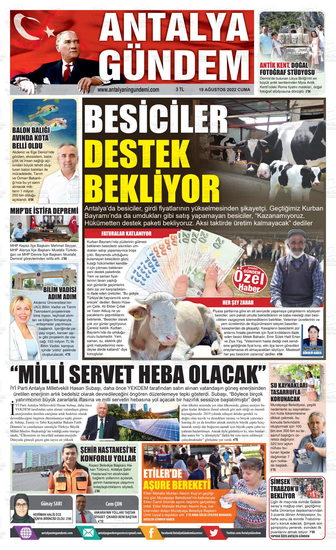 19 Ağustos 2022 Antalya'nın Gündemi Gazete Manşeti