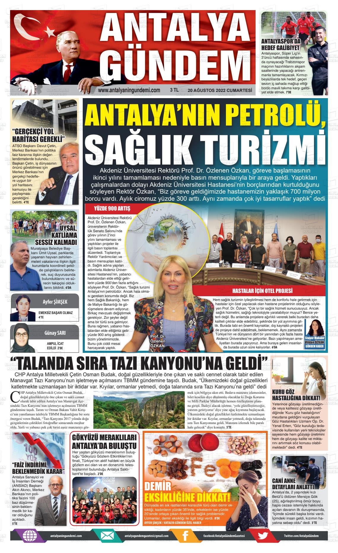 20 Ağustos 2022 Antalya'nın Gündemi Gazete Manşeti