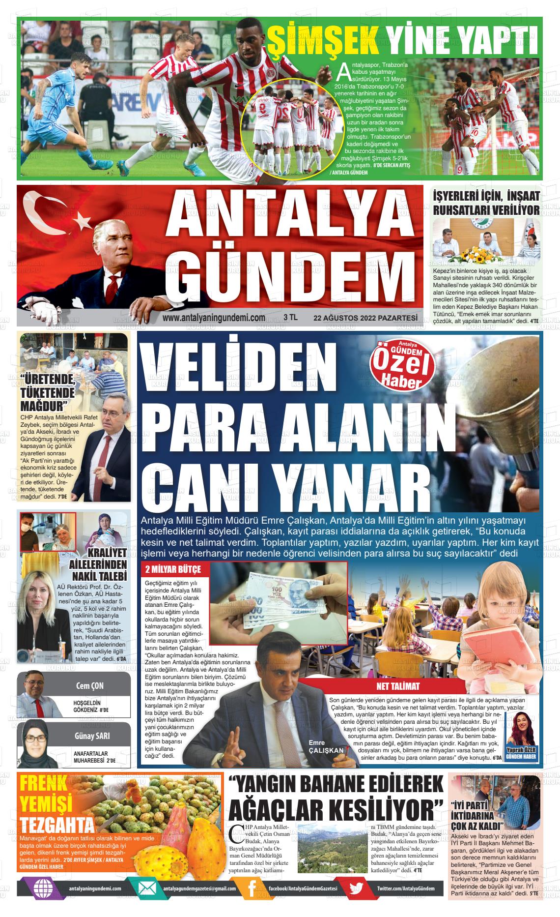 22 Ağustos 2022 Antalya'nın Gündemi Gazete Manşeti