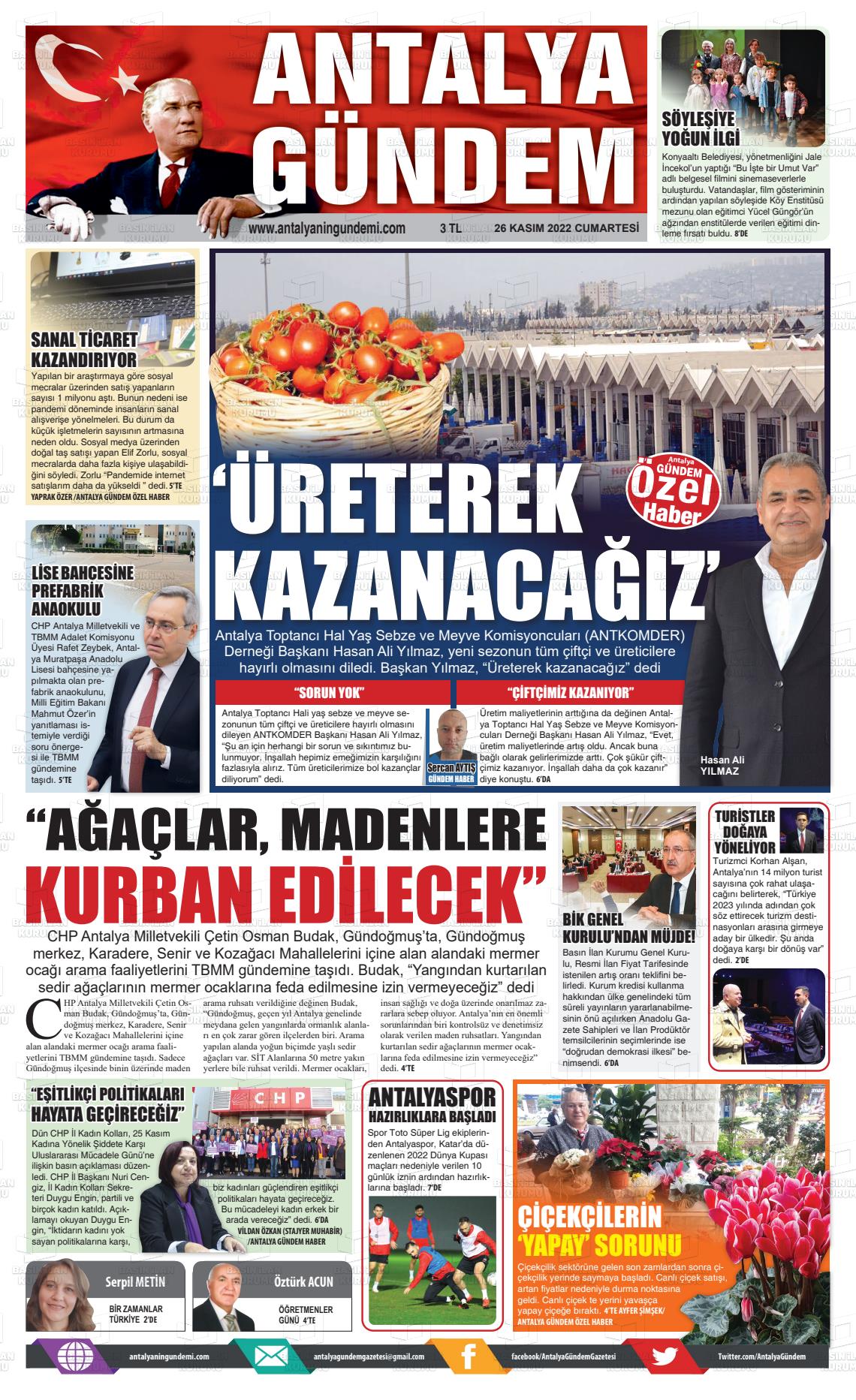 26 Kasım 2022 Antalya'nın Gündemi Gazete Manşeti