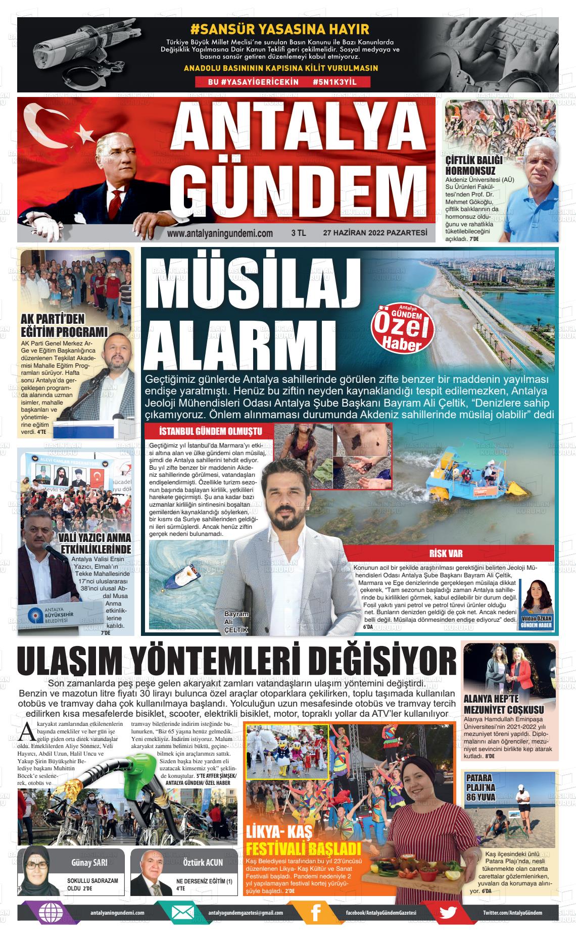 27 Haziran 2022 Antalya'nın Gündemi Gazete Manşeti