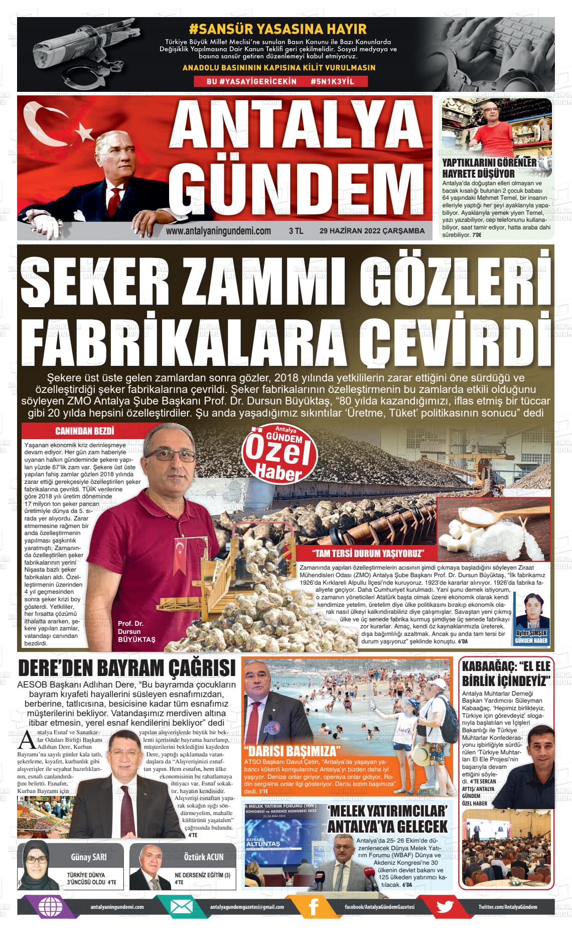 29 Haziran 2022 Antalya'nın Gündemi Gazete Manşeti