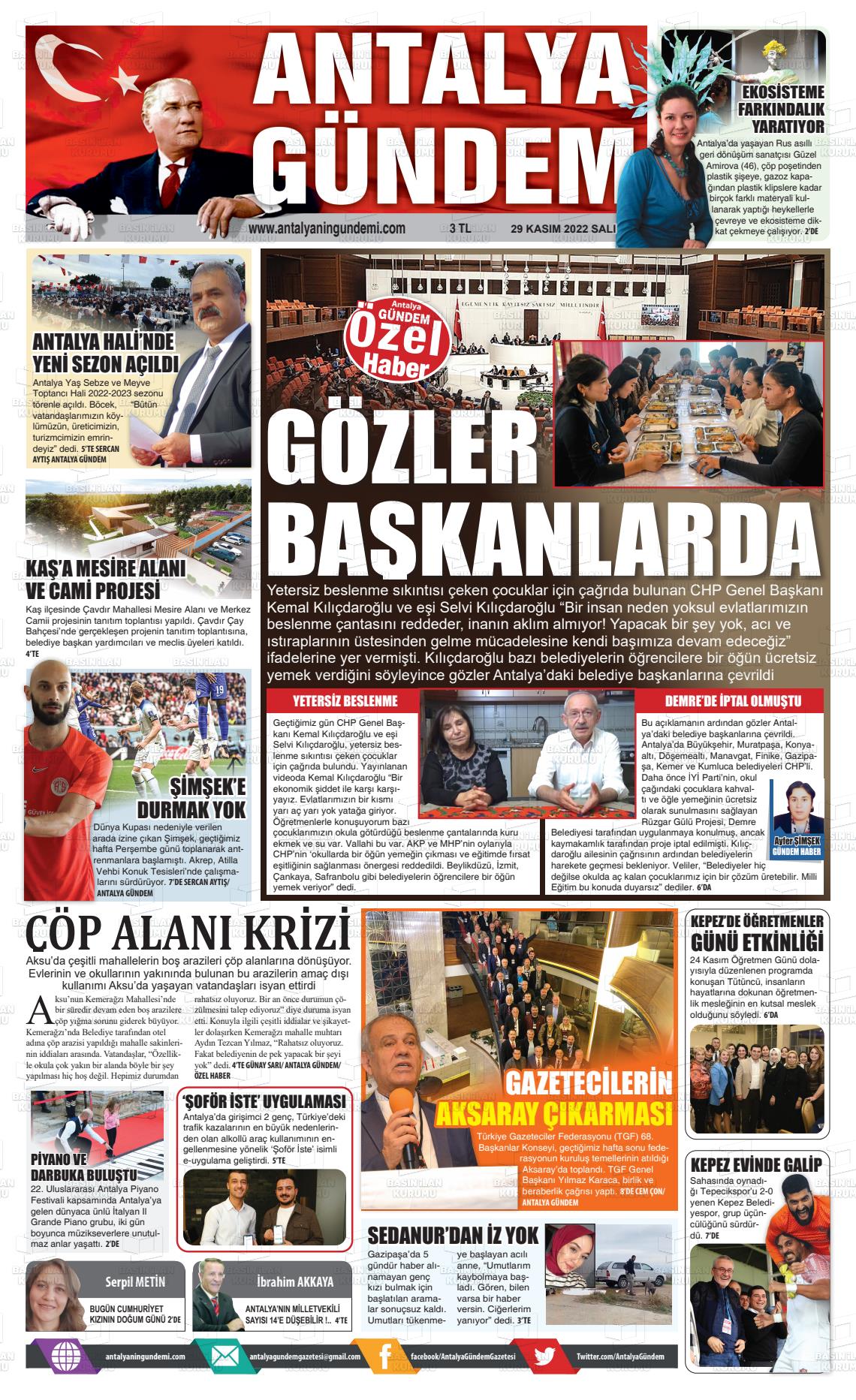 29 Kasım 2022 Antalya'nın Gündemi Gazete Manşeti