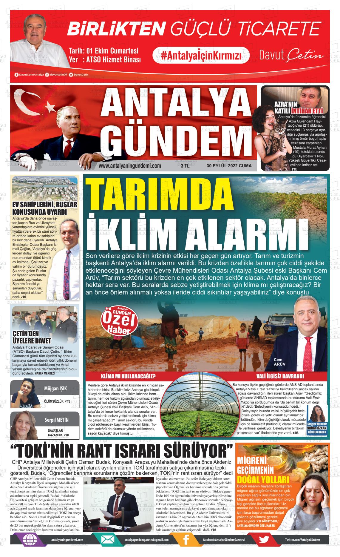 30 Eylül 2022 Antalya'nın Gündemi Gazete Manşeti