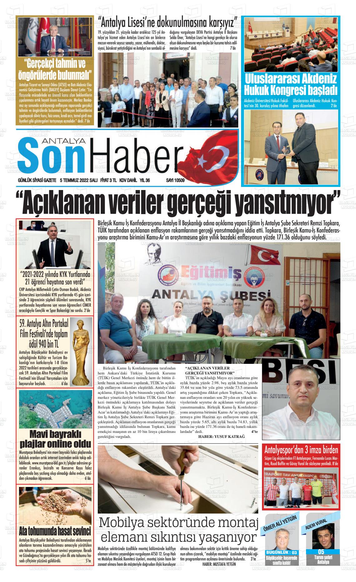 05 Temmuz 2022 Antalya Son Haber Gazete Manşeti