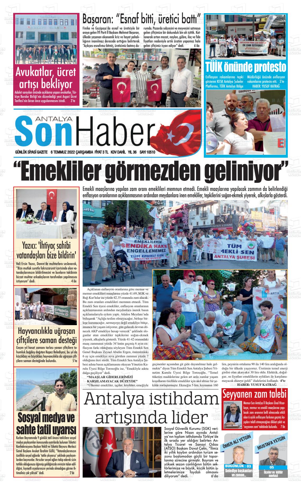 06 Temmuz 2022 Antalya Son Haber Gazete Manşeti