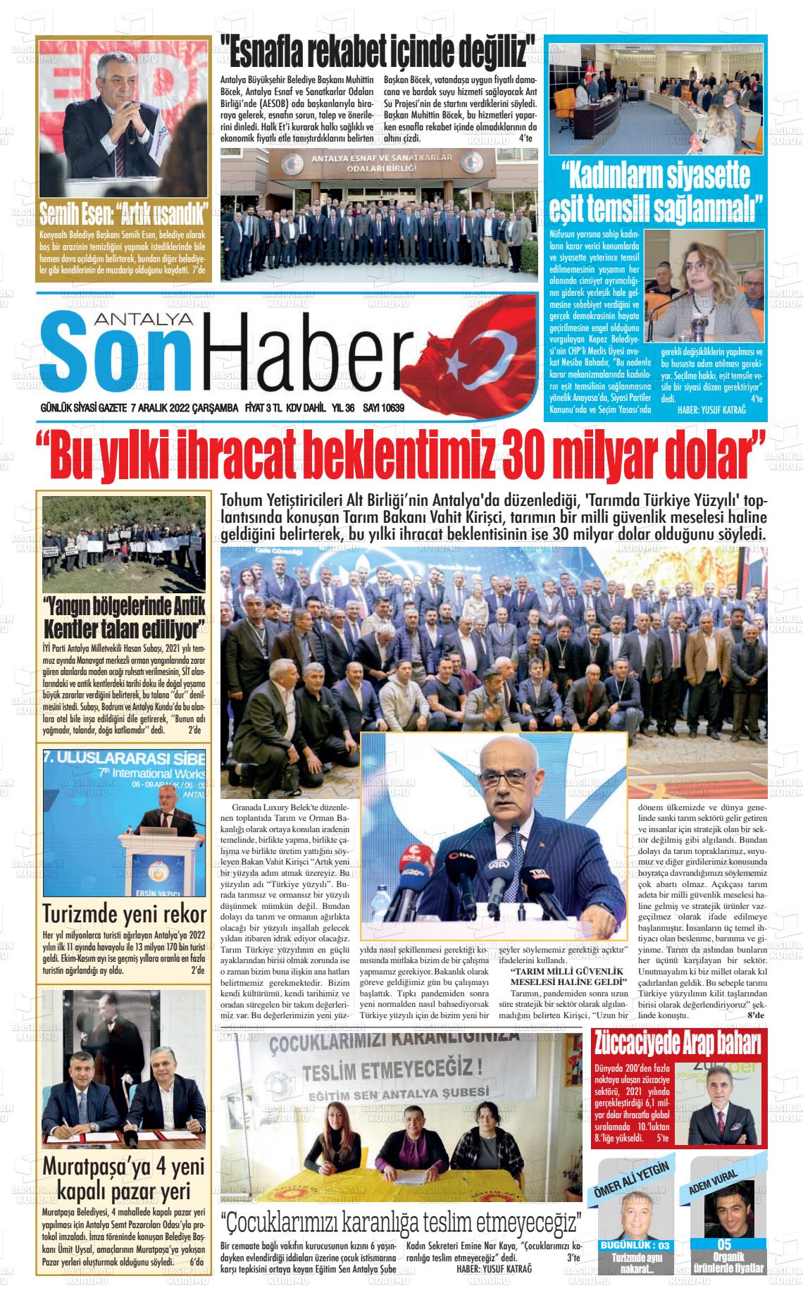 07 Aralık 2022 Antalya Son Haber Gazete Manşeti