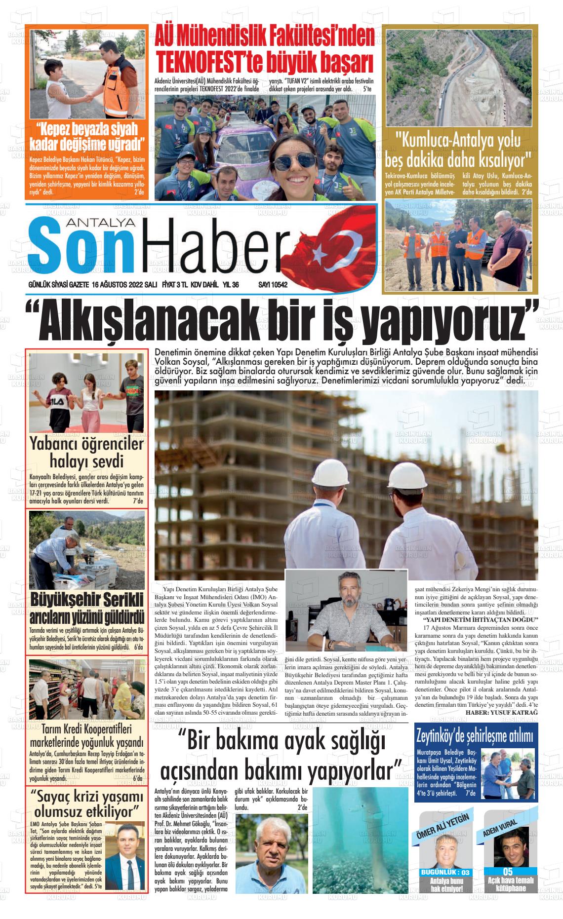 16 Ağustos 2022 Antalya Son Haber Gazete Manşeti