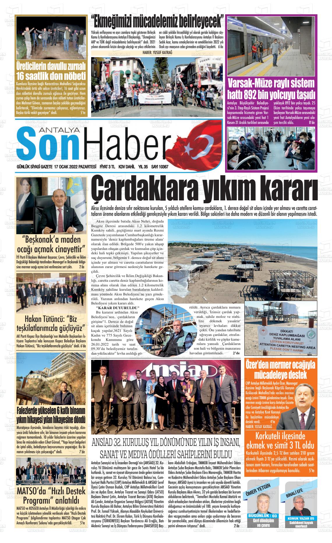 17 Ocak 2022 Antalya Son Haber Gazete Manşeti