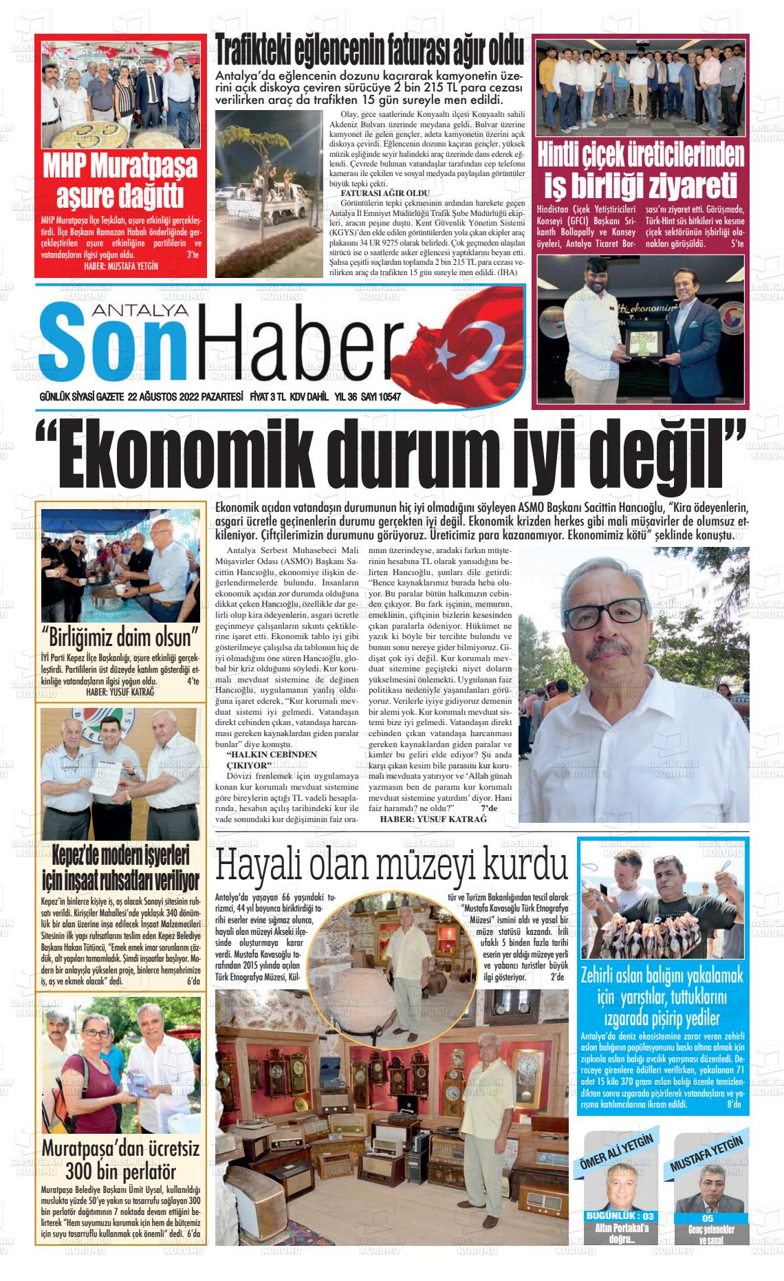 22 Ağustos 2022 Antalya Son Haber Gazete Manşeti