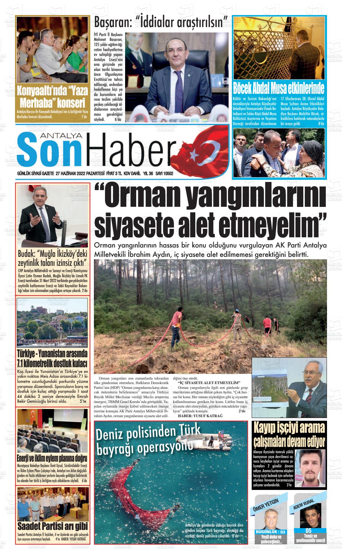 27 Haziran 2022 Antalya Son Haber Gazete Manşeti