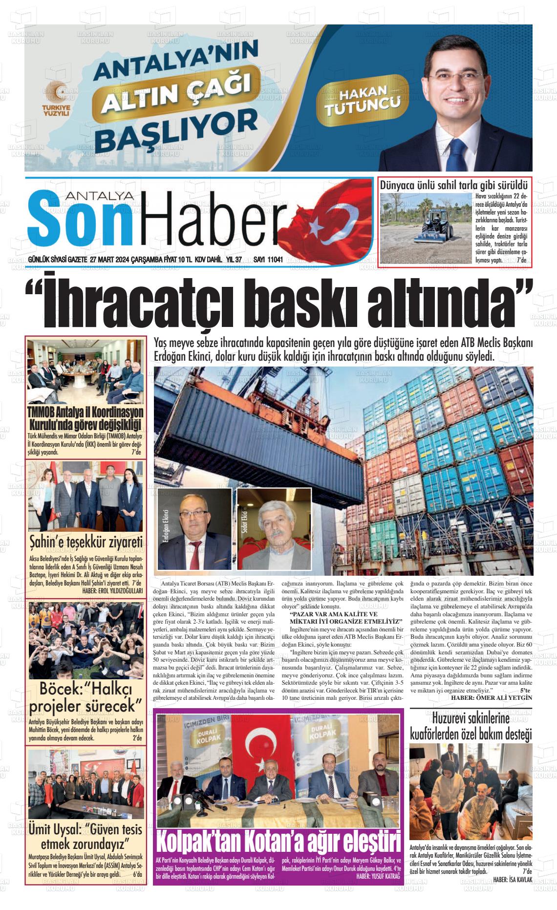 27 Mart 2024 Antalya Son Haber Gazete Manşeti