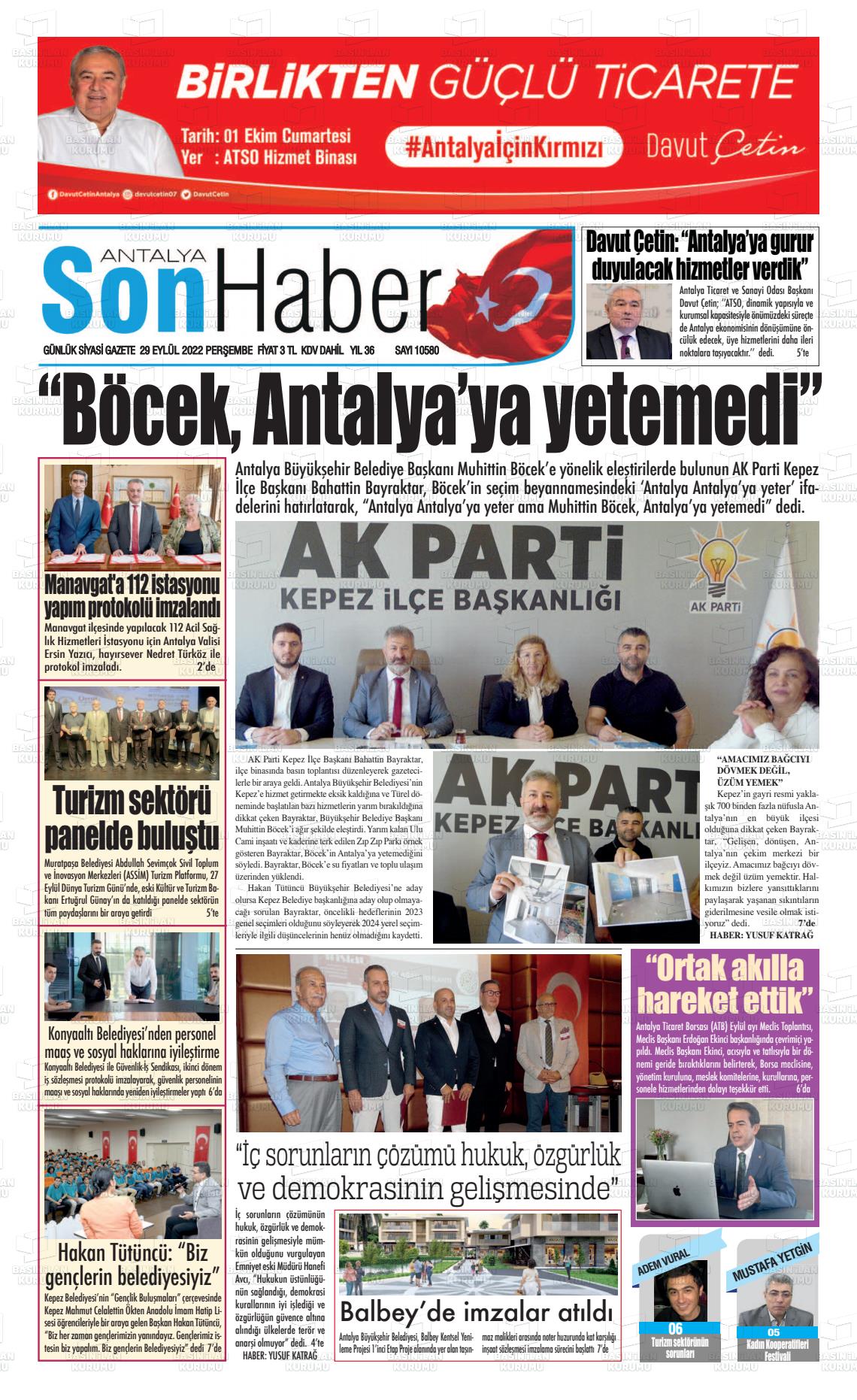 29 Eylül 2022 Antalya Son Haber Gazete Manşeti