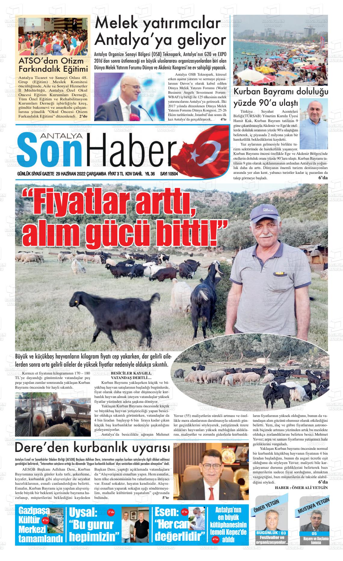 29 Haziran 2022 Antalya Son Haber Gazete Manşeti