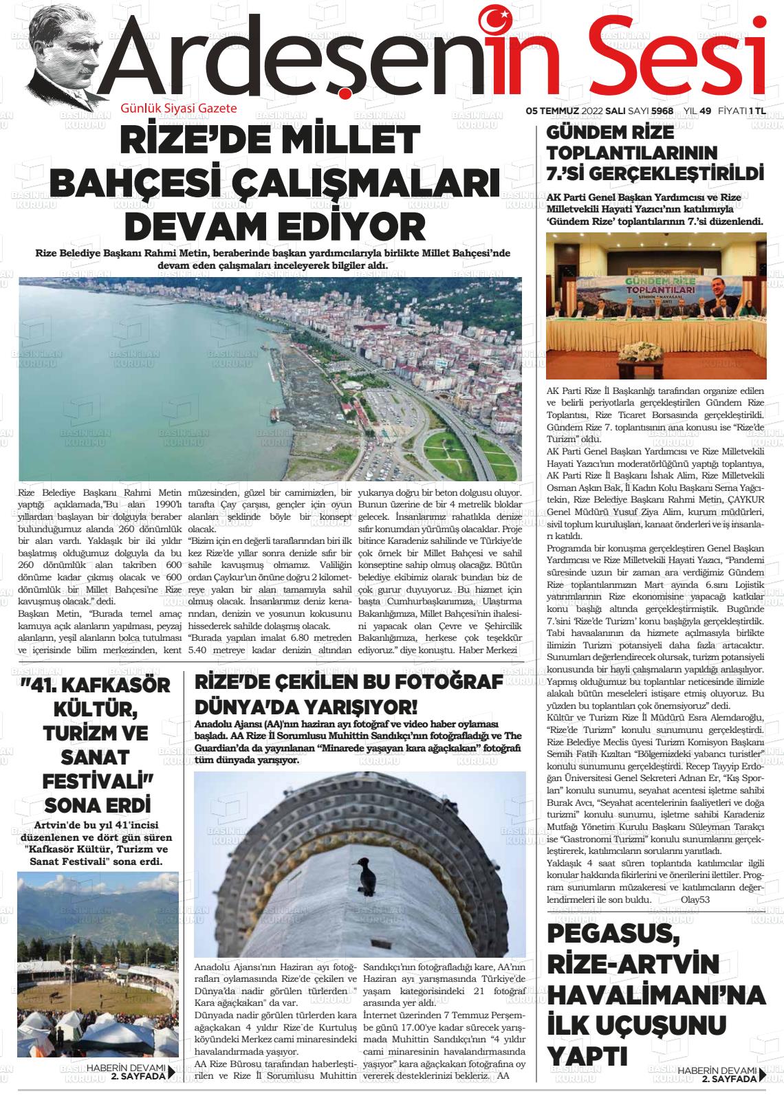 05 Temmuz 2022 Ardeşenin Sesi Gazete Manşeti