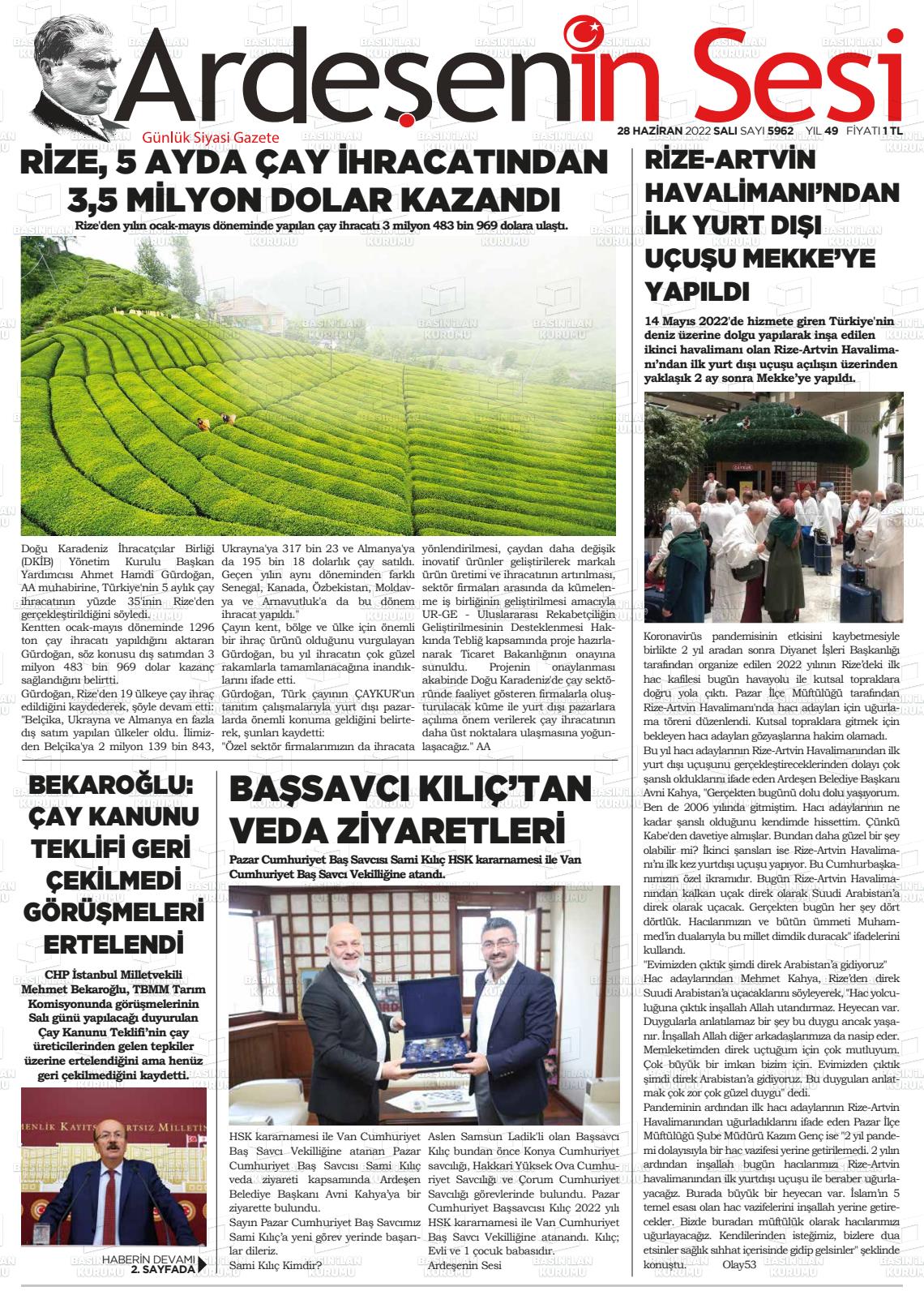 28 Haziran 2022 Ardeşenin Sesi Gazete Manşeti