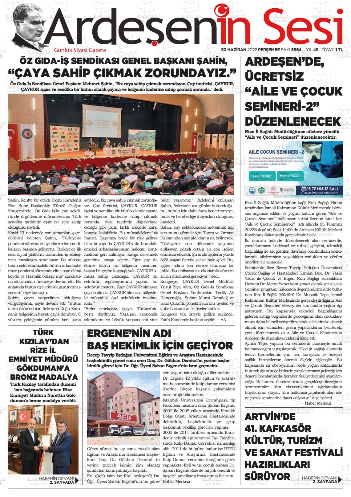 02 Temmuz 2022 Ardeşenin Sesi Gazete Manşeti