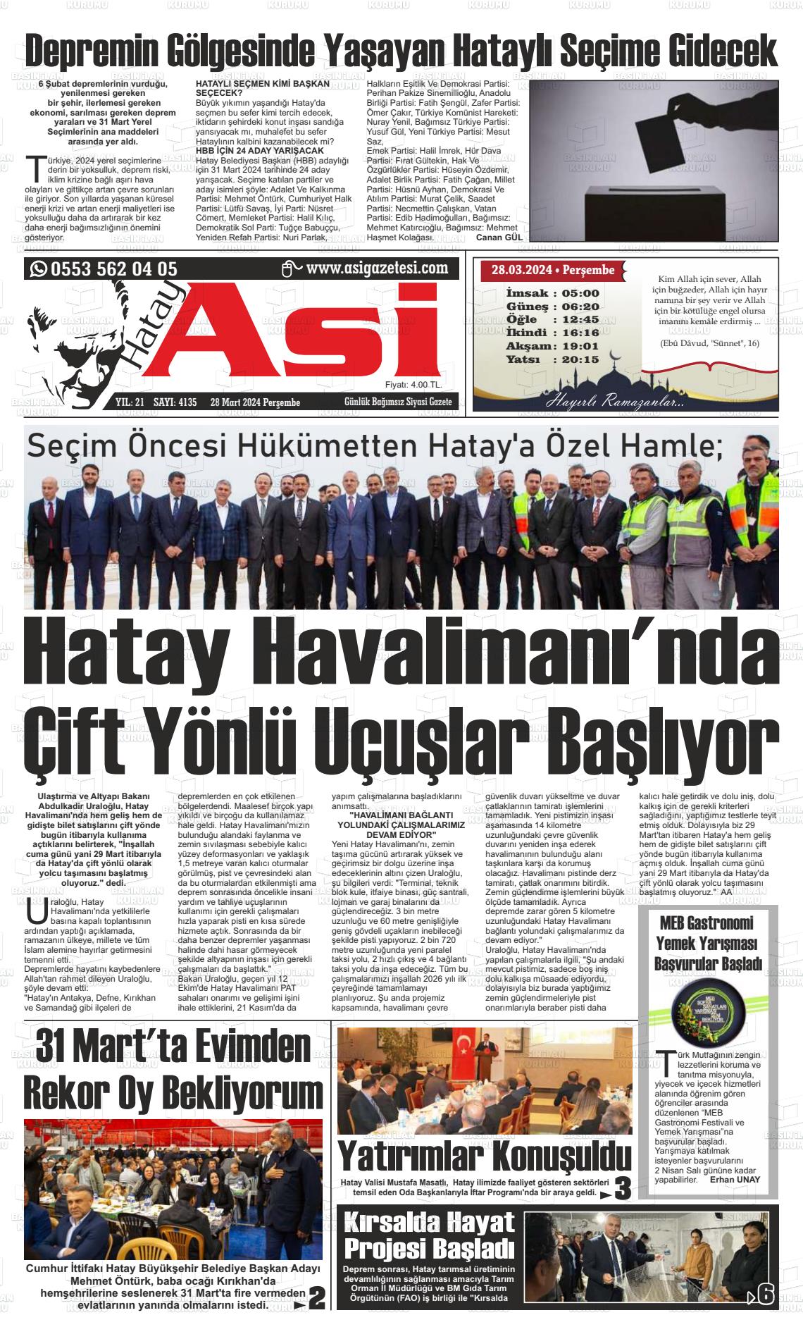 28 Mart 2024 Asi  Hatay Asi Gazete Manşeti