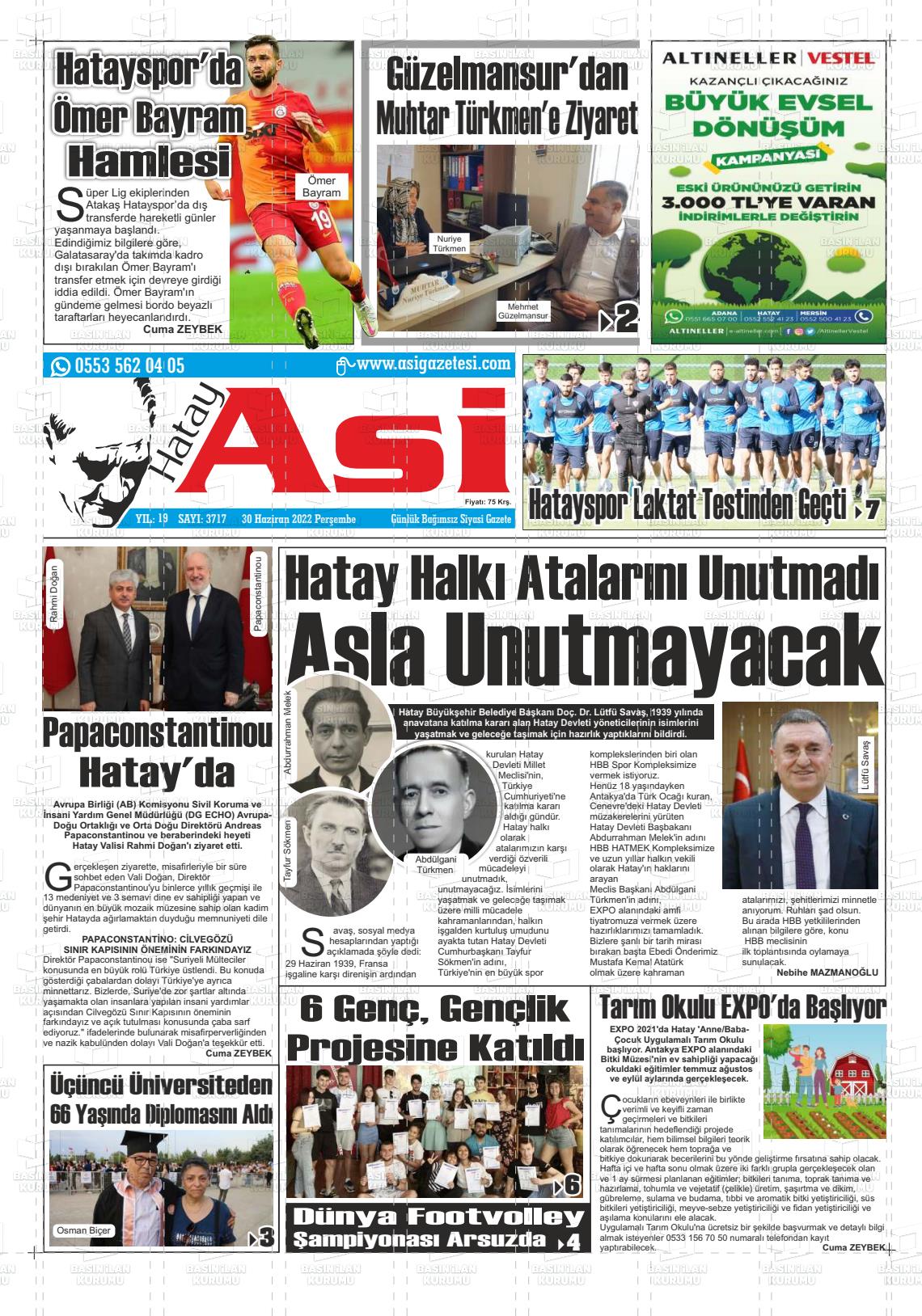 02 Temmuz 2022 Asi  Hatay Asi Gazete Manşeti