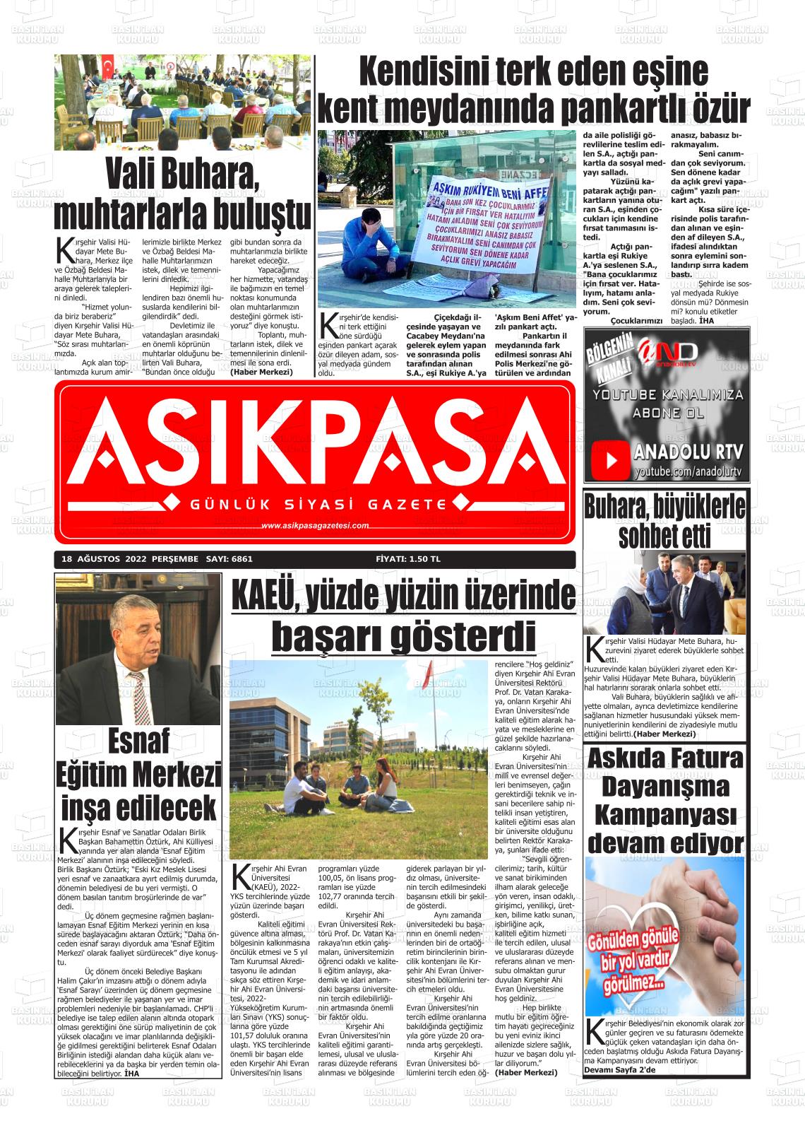 18 Ağustos 2022 Aşik Paşa Gazete Manşeti