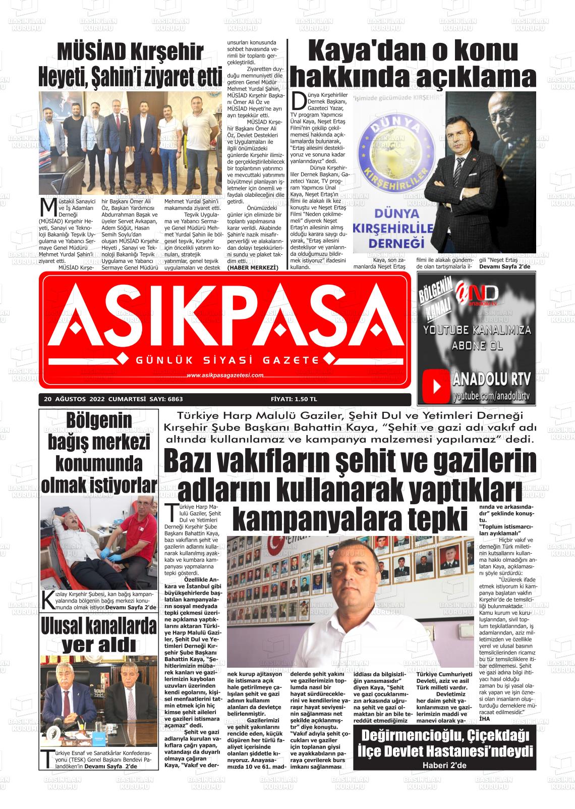 20 Ağustos 2022 Aşik Paşa Gazete Manşeti