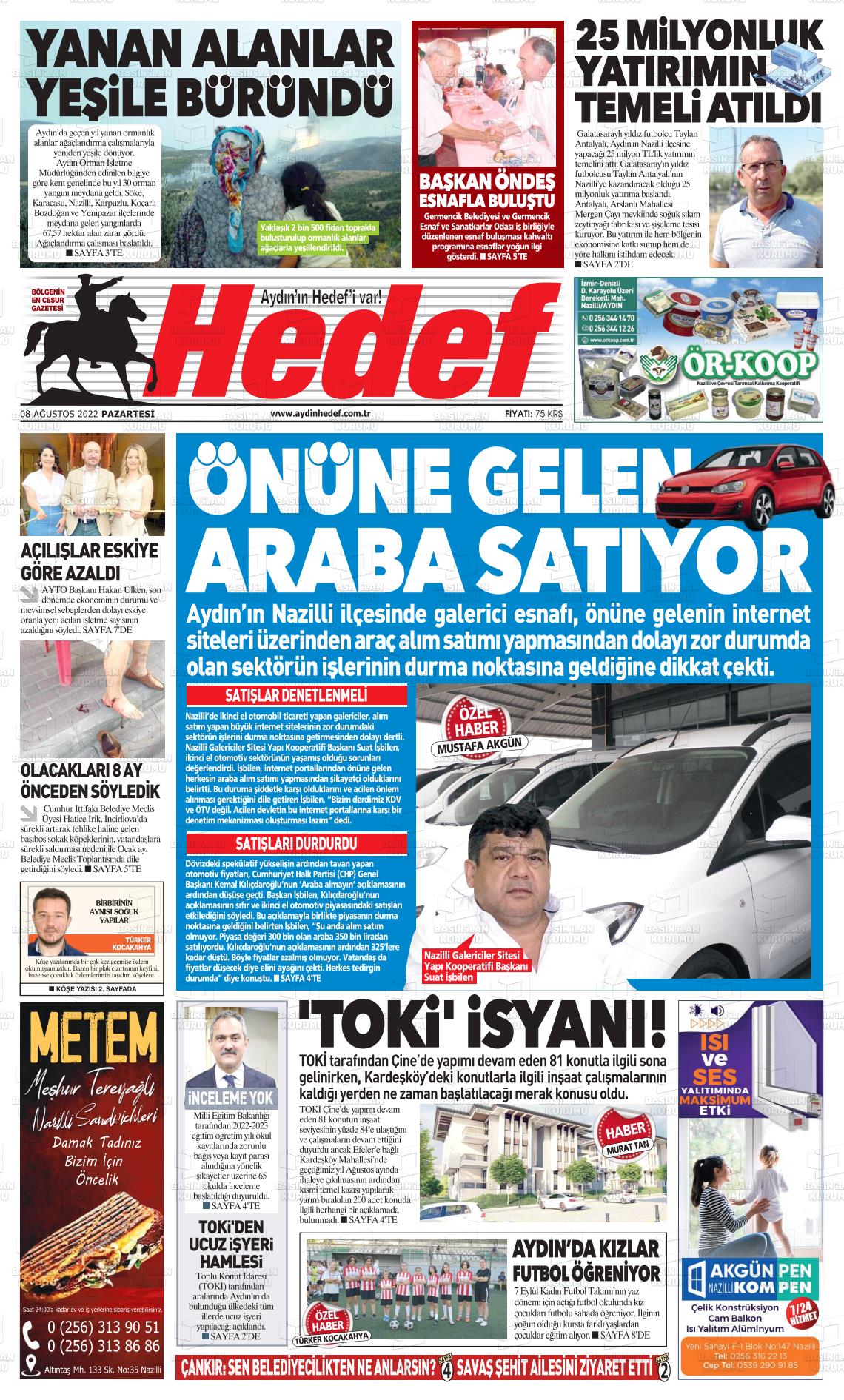 08 Ağustos 2022 Aydın Hedef Gazete Manşeti