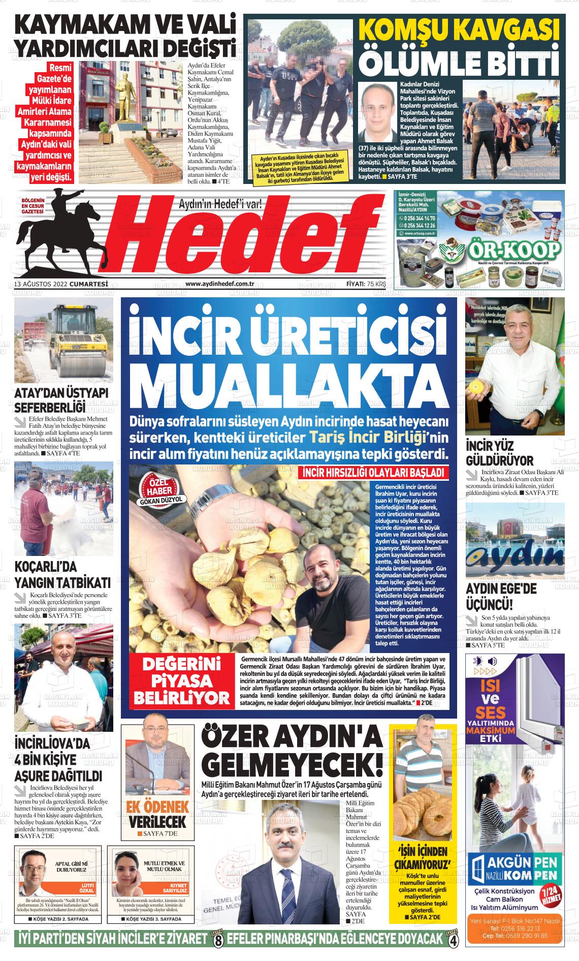 13 Ağustos 2022 Aydın Hedef Gazete Manşeti