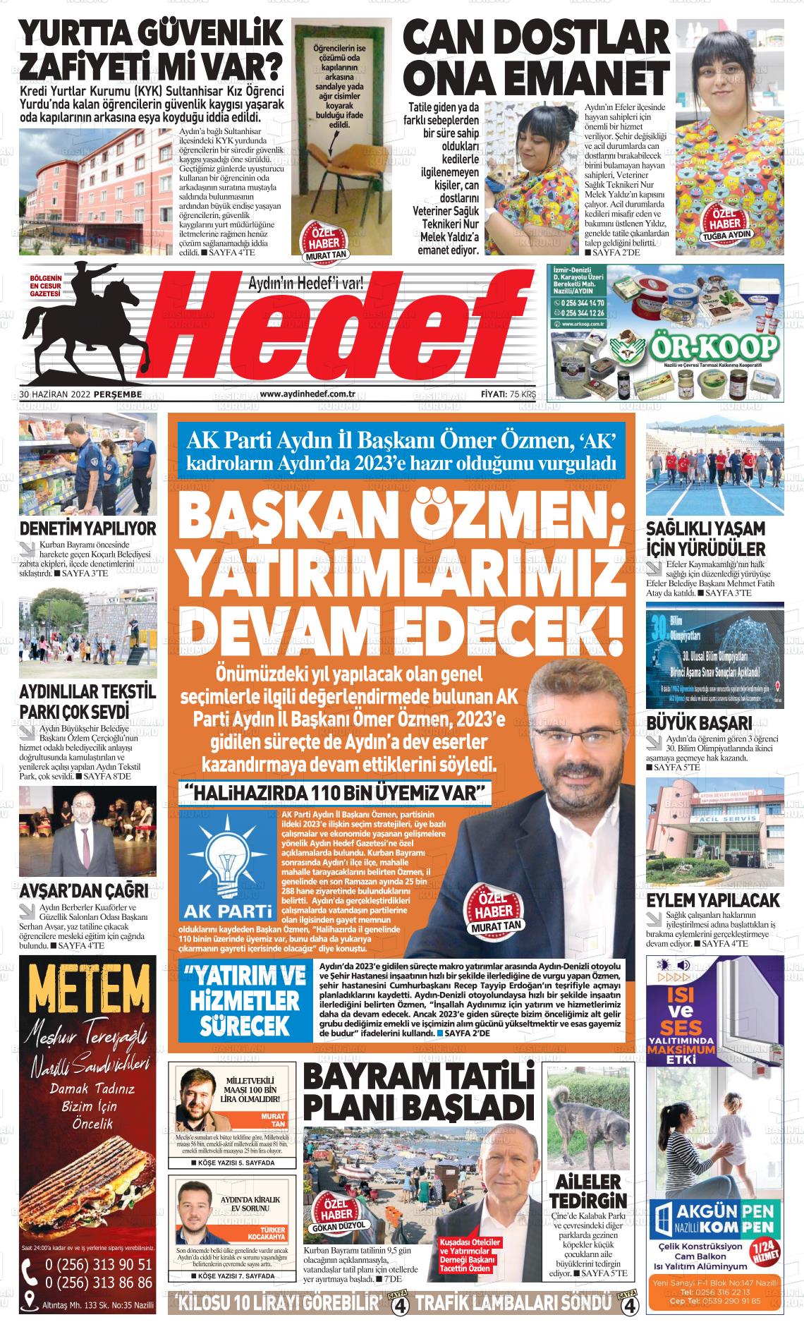 01 Temmuz 2022 Aydın Hedef Gazete Manşeti