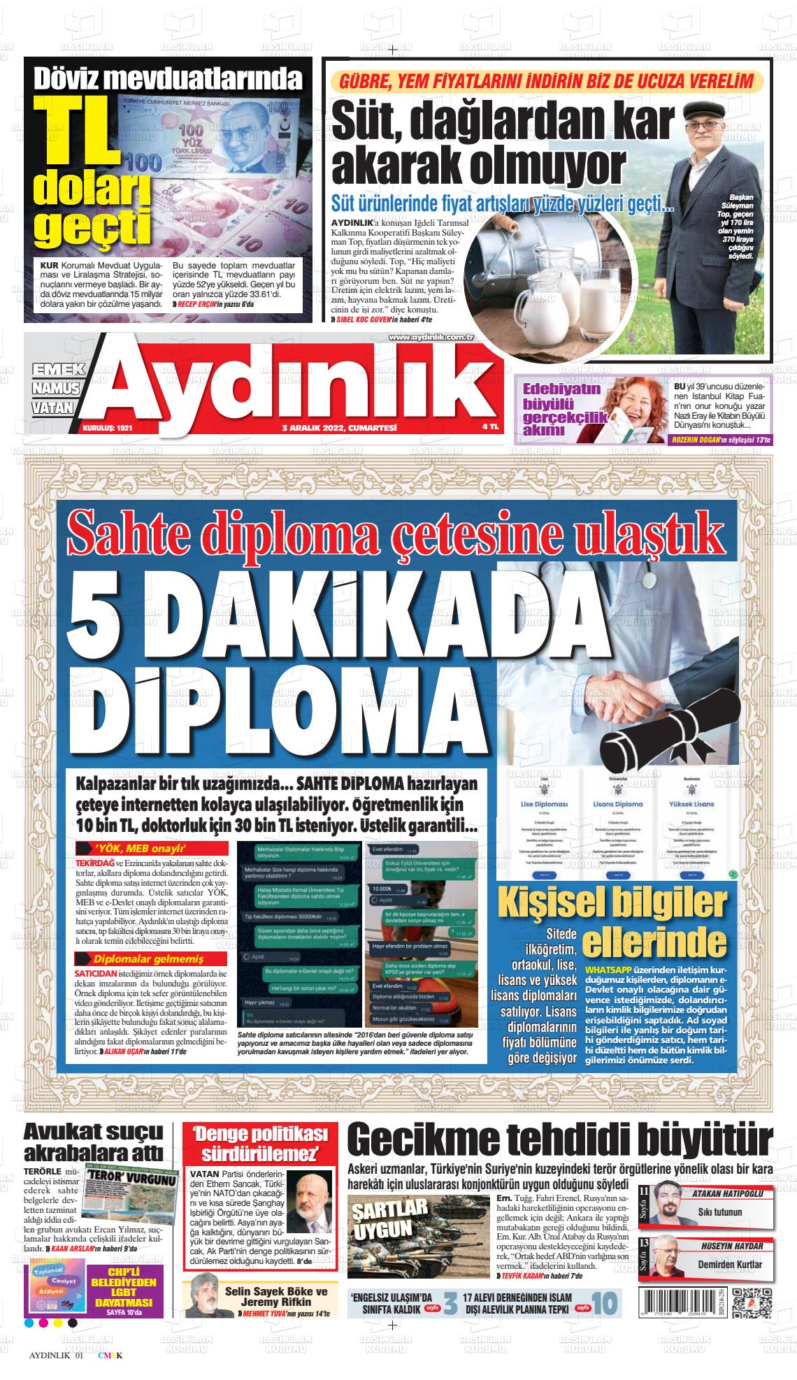 03 Aralık 2022 Aydınlık Gazete Manşeti