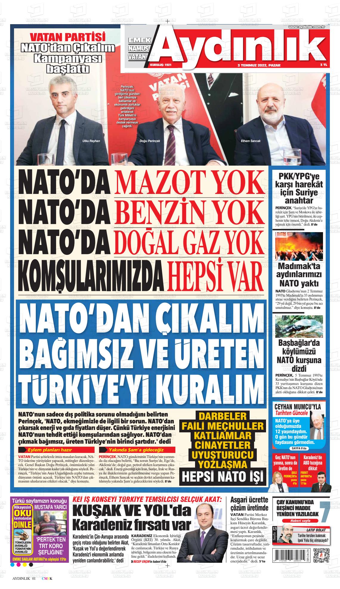 03 Temmuz 2022 Aydınlık Gazete Manşeti