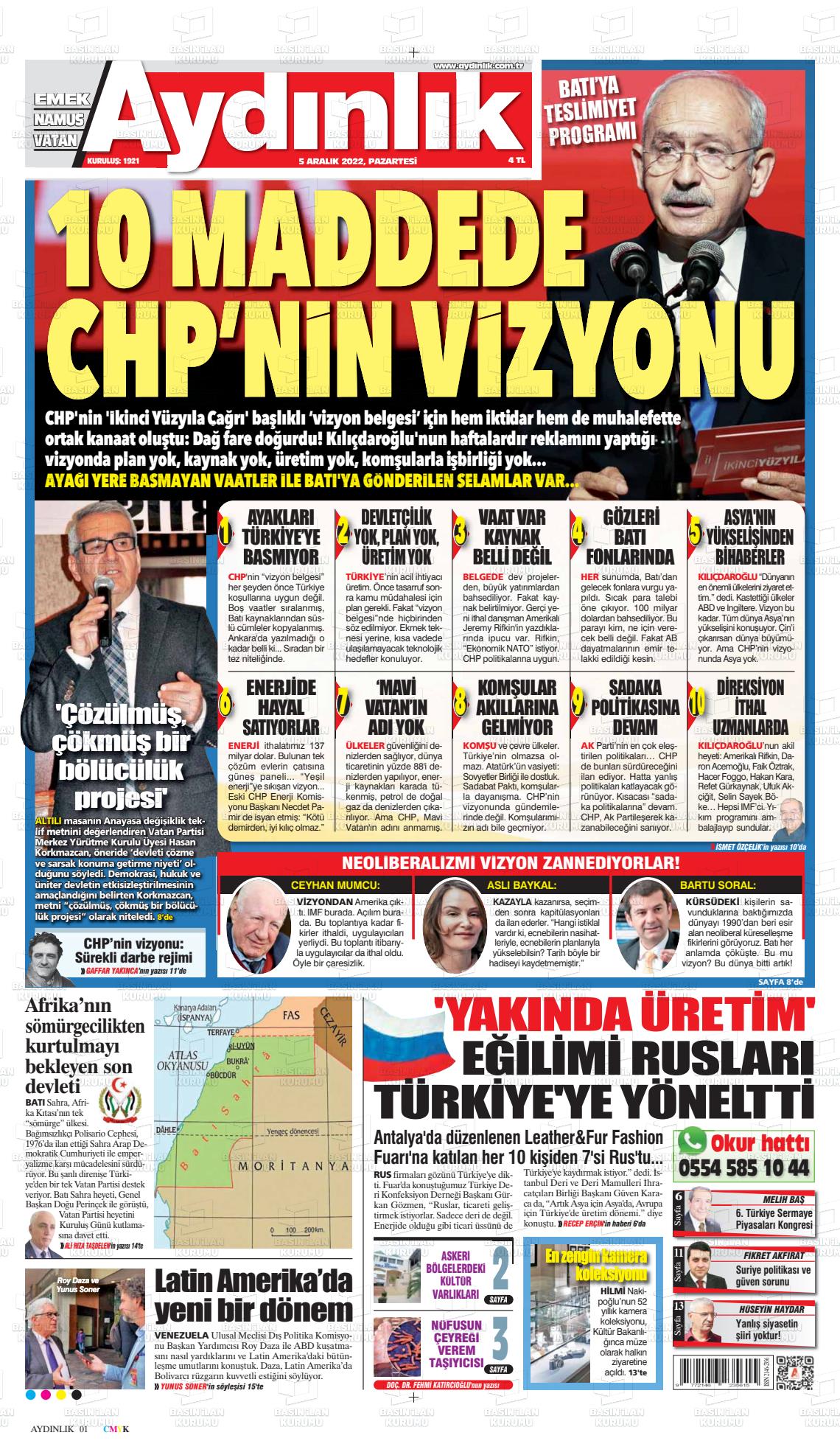 05 Aralık 2022 Aydınlık Gazete Manşeti