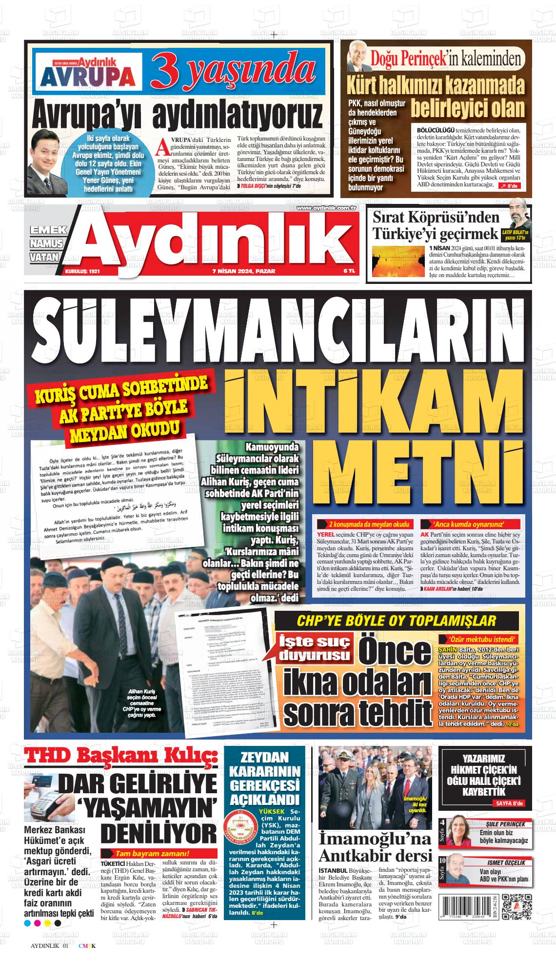 07 Nisan 2024 Aydınlık Gazete Manşeti