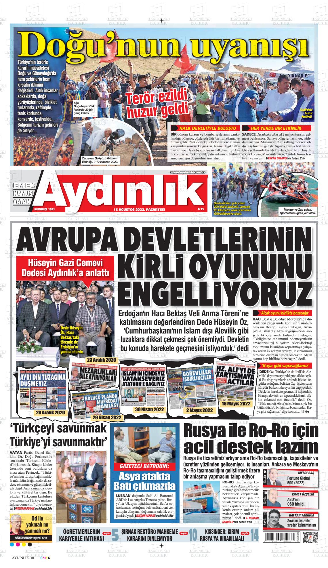 15 Ağustos 2022 Aydınlık Gazete Manşeti